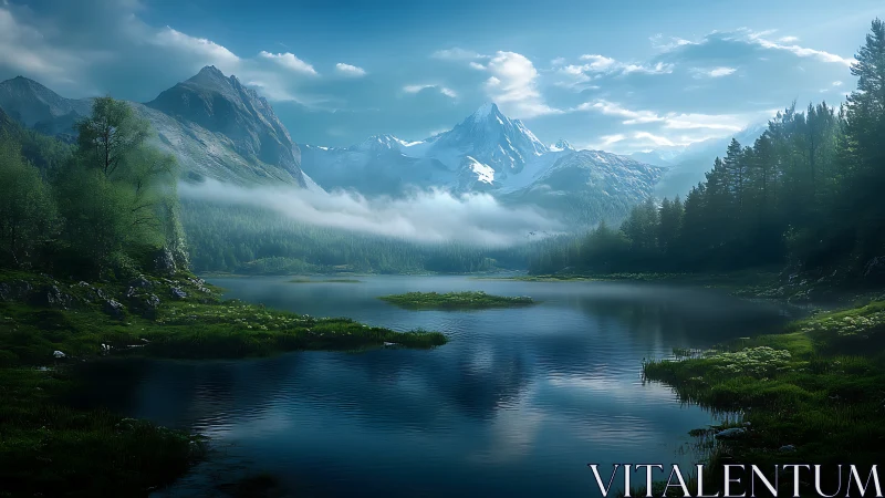 Emerald valley cradles a mirror lake beneath icy crowns