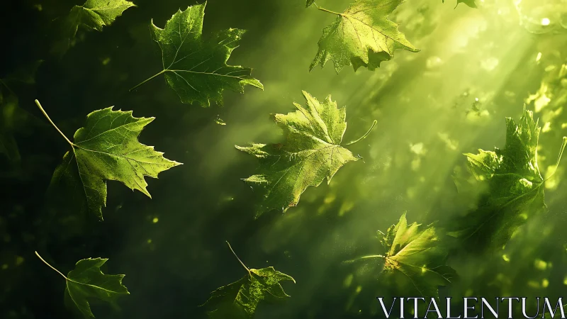 Sunlit green leaves drift gently through glowing forest air