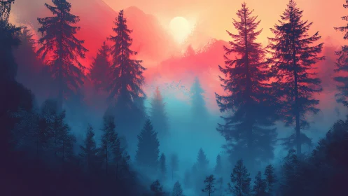 Misty Forest Sunrise with Coniferous Trees and Mountain Backdrop.