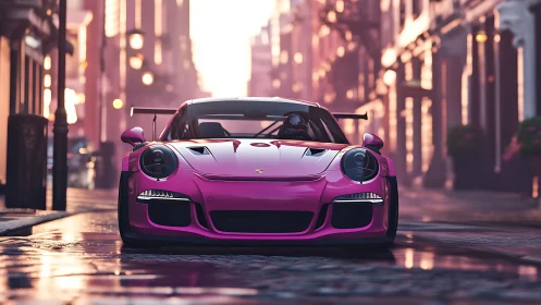 Bold pink sports car glows softly along misty city streets