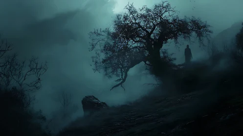 Moody digital painting of cloaked figure on misted ridge.