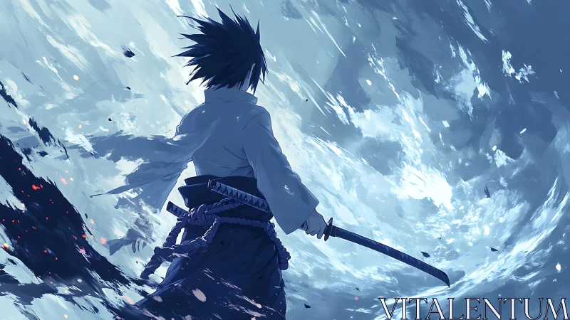 Lone anime swordsman confronts a raging storm of light.