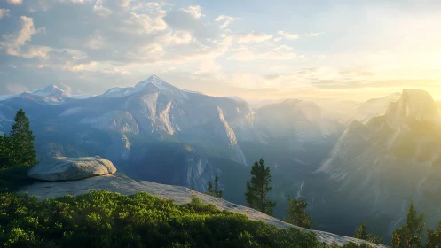 Sunlit alpine peaks rise over a tranquil evergreen valley