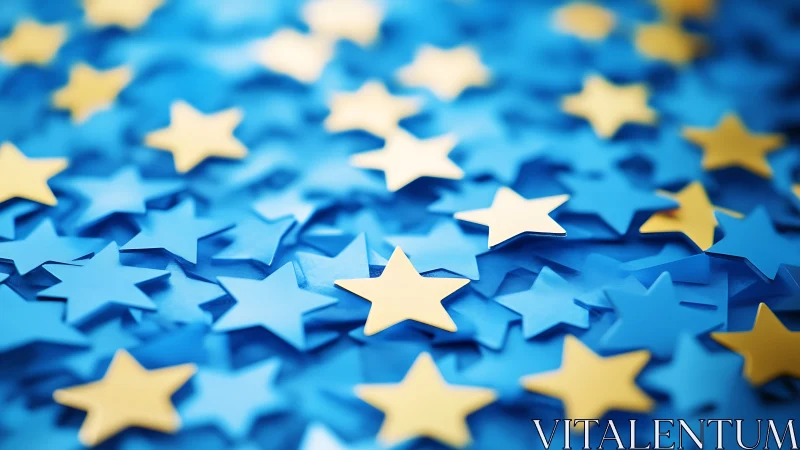 Golden stars punctuate sea of layered blue cutout shapes.