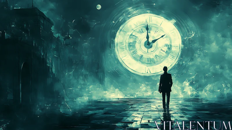 Midnight wanderer walks toward a glowing clock of swirling time