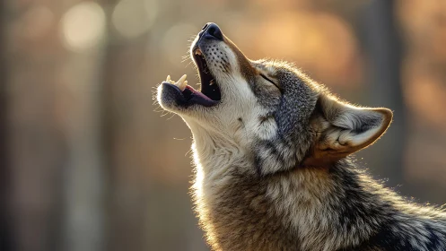 Howling wolf profile catches golden forest backlight perfectly.