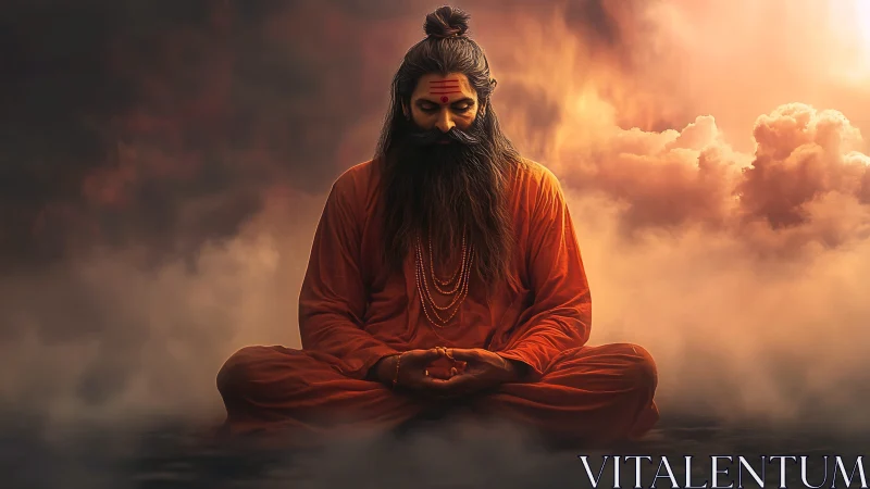 Serene yogi in fiery clouds radiates timeless inner peace
