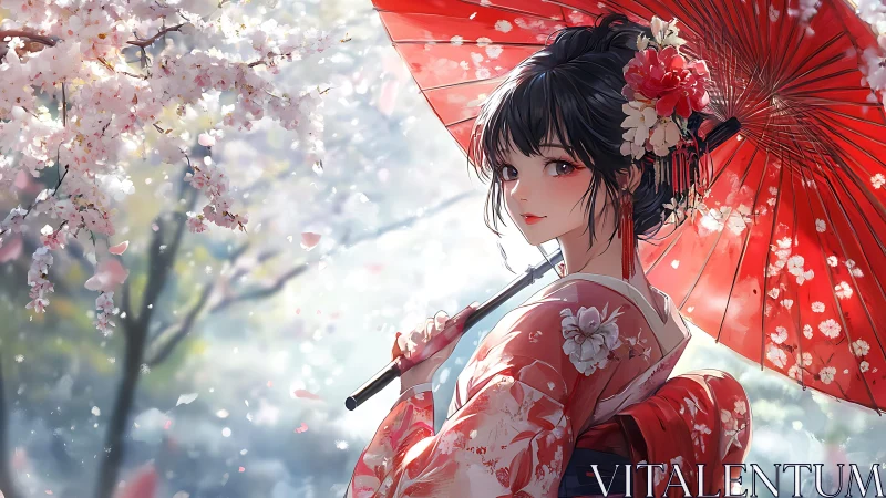 Woman in red kimono stands beneath cherry blossoms outdoors