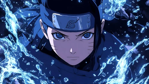 Intense ninja hero surges forward through swirling water power