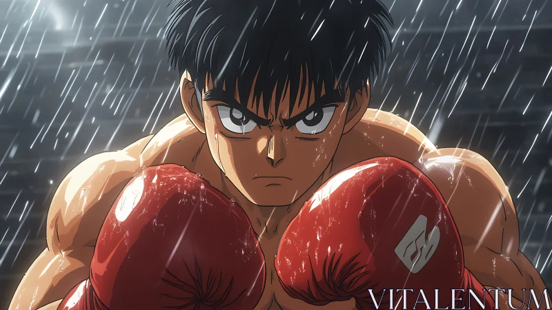 Determined anime boxer stands locked in guard under rain