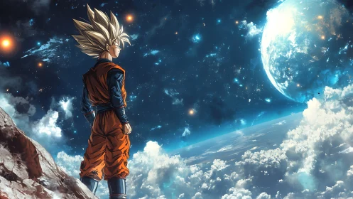 Saiyan warrior gazes over luminous cosmic horizon