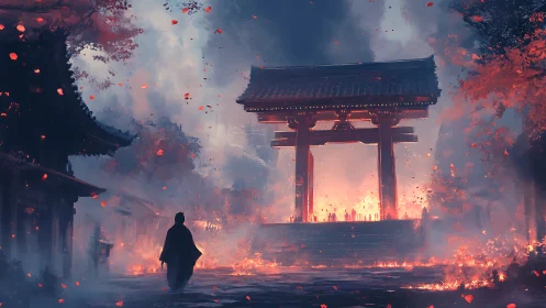 Lone wanderer crossing a burning shrine gate of embers.