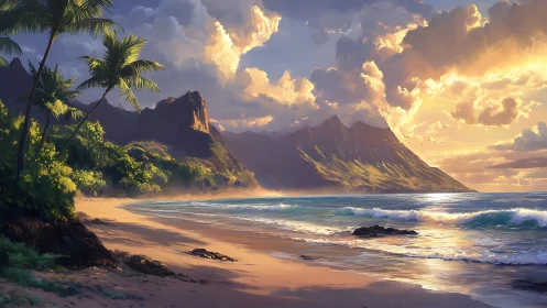 Tropical Coastal Landscape with Mountain Formations at Sunset.