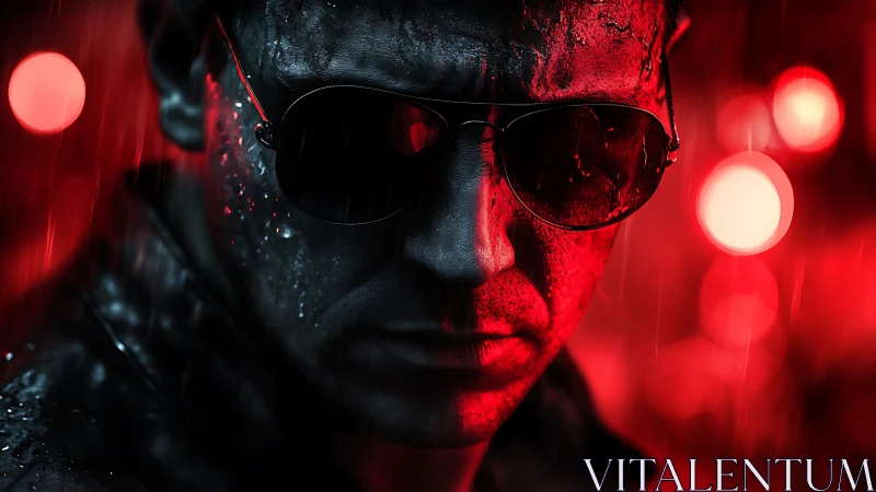 Noir subject in red bokeh field under directional rain lighting.