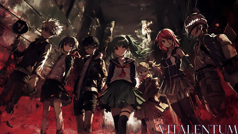 Rebel schoolyard vanguard in a crumbling bloodred alley.