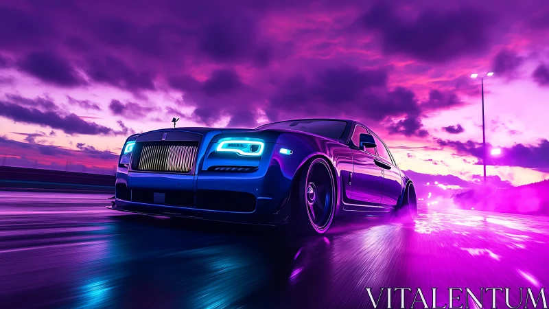 Luxury sedan racing on wet neon highway at sunset.