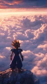 Spiky-haired figure stands on cliff edge above dense cloud field