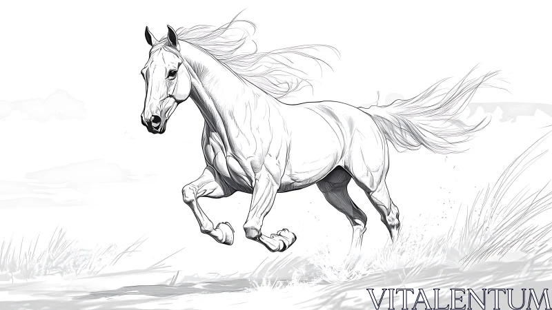 Monochrome line drawing of running horse in shallow water.