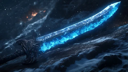 Frozen starlight blade rests on icy ground, softly glowing
