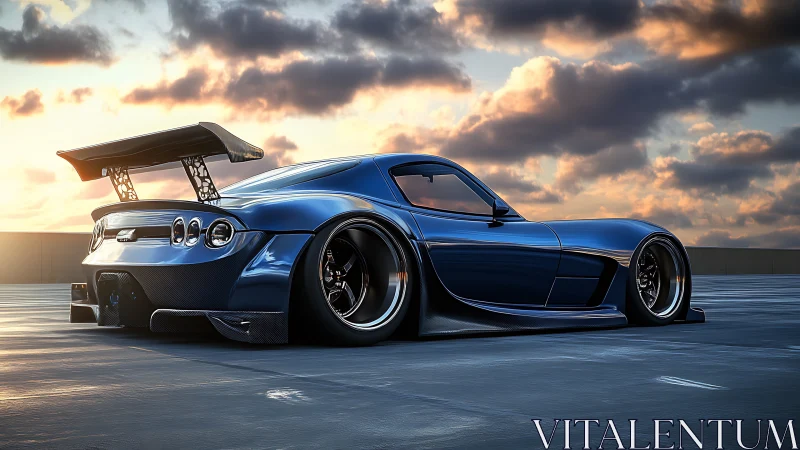 Midnight widebody supercar under dramatic sunset sky.