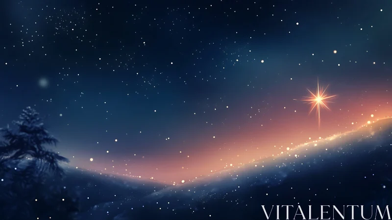 Luminous winter star above gradient dusk horizon sky.