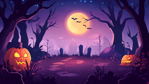 Halloween graveyard under full moon with glowing pumpkins.