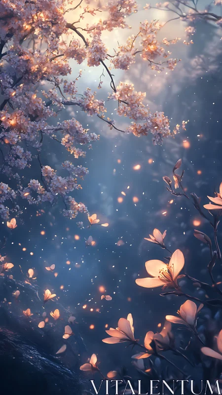 Bioluminescent petals under twilight cherry blossoms glow