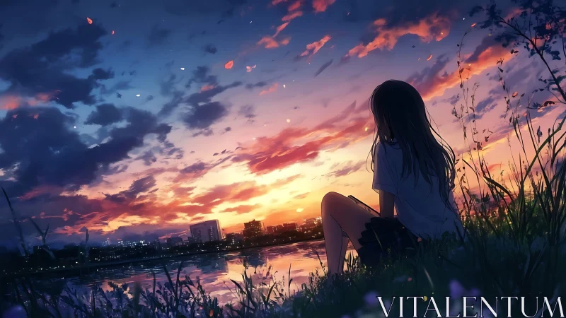 Girl observes riverbank city skyline under vivid sunset sky