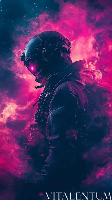 Neon astronaut silhouette glows inside cosmic magenta nebula.
