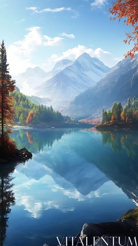 Snowy mountain lake with autumn forest reflection.