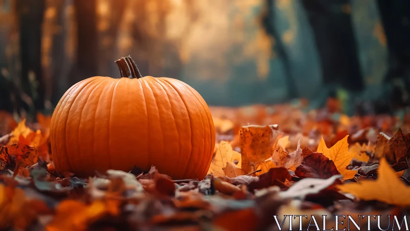 Autumn forest pumpkin resting among vivid fallen leaves.