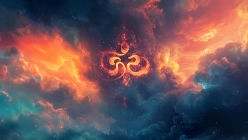 Fiery Om symbol forms within swirling blue and orange clouds