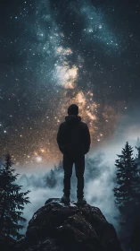 Silhouetted hiker stands beneath dense milky way night sky