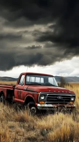 Weathered red pickup truck rests in stormy prairie field