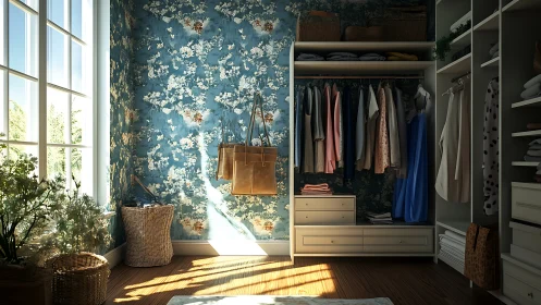 Sunlit walk-in closet with floral wallpaper and storage.