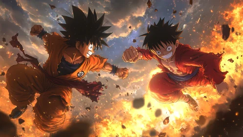Explosive anime duel ignites blazing sky with fiery energy