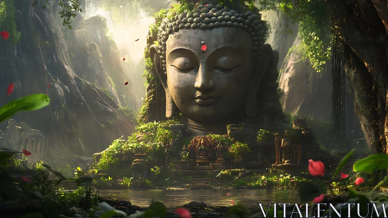 Colossal jungle Buddha head bathed in tranquil mystical light.