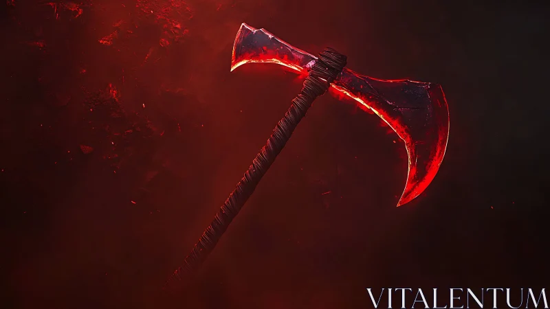 Fiery red battle axe glows boldly against a smoky dark void