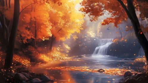Sunlit autumn forest frames tranquil river waterfall view