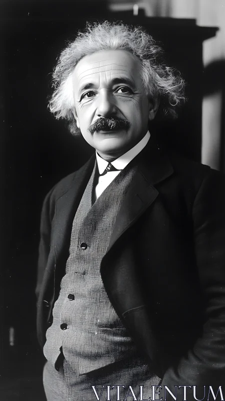 Classic monochrome portrait of distinguished scientist figure.