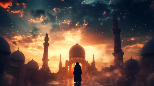 Silhouetted figure stands before domed mosque at sunset sky