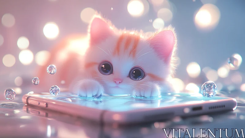 White Kitten Emerging from Smartphone Screen.