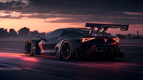 Low-angle rear view shows aerodynamic race car on track