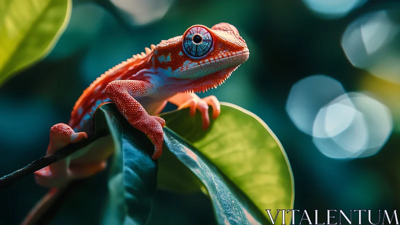 Bright red chameleon clings to glossy jungle leaves.