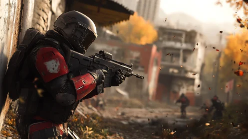 Armored soldier advancing through ruined autumn streets.