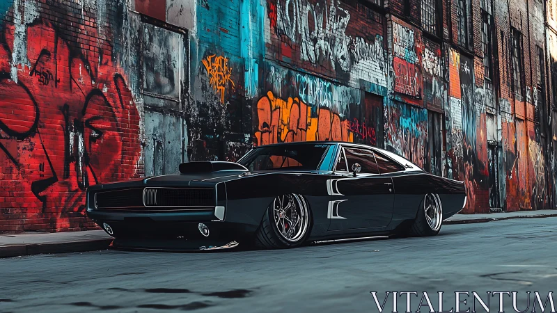 Low-slung pro-touring muscle car against graffiti corridor.
