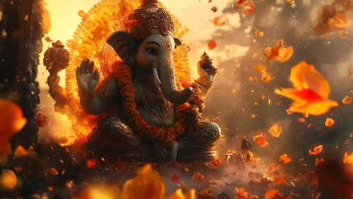 Elephant-headed deity statue amid orange petals and light.
