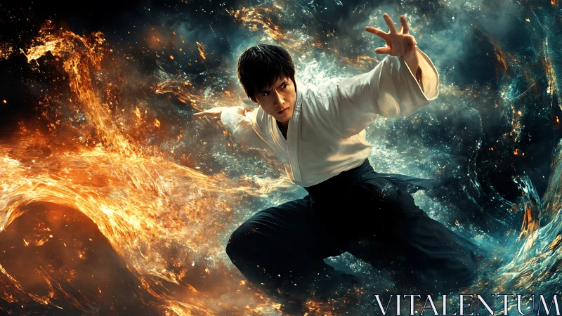 Martial artist in dynamic stance amid fire and water effects.