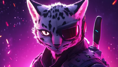 Cybernetic snow leopard operative under neon magenta rim lighting