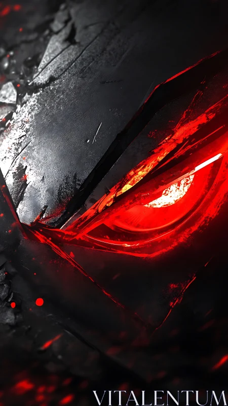 Volcanic cyber-visor eye within fractured black armor plate.
